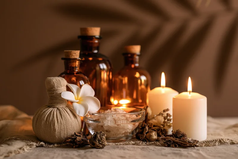Spa wellness still life with essential oil bottles, candles, bath salts and herbs on textured linen surface