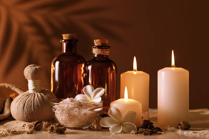 Still life with lit candles, essential oil bottles, bath salts and frangipani flowers on a table
