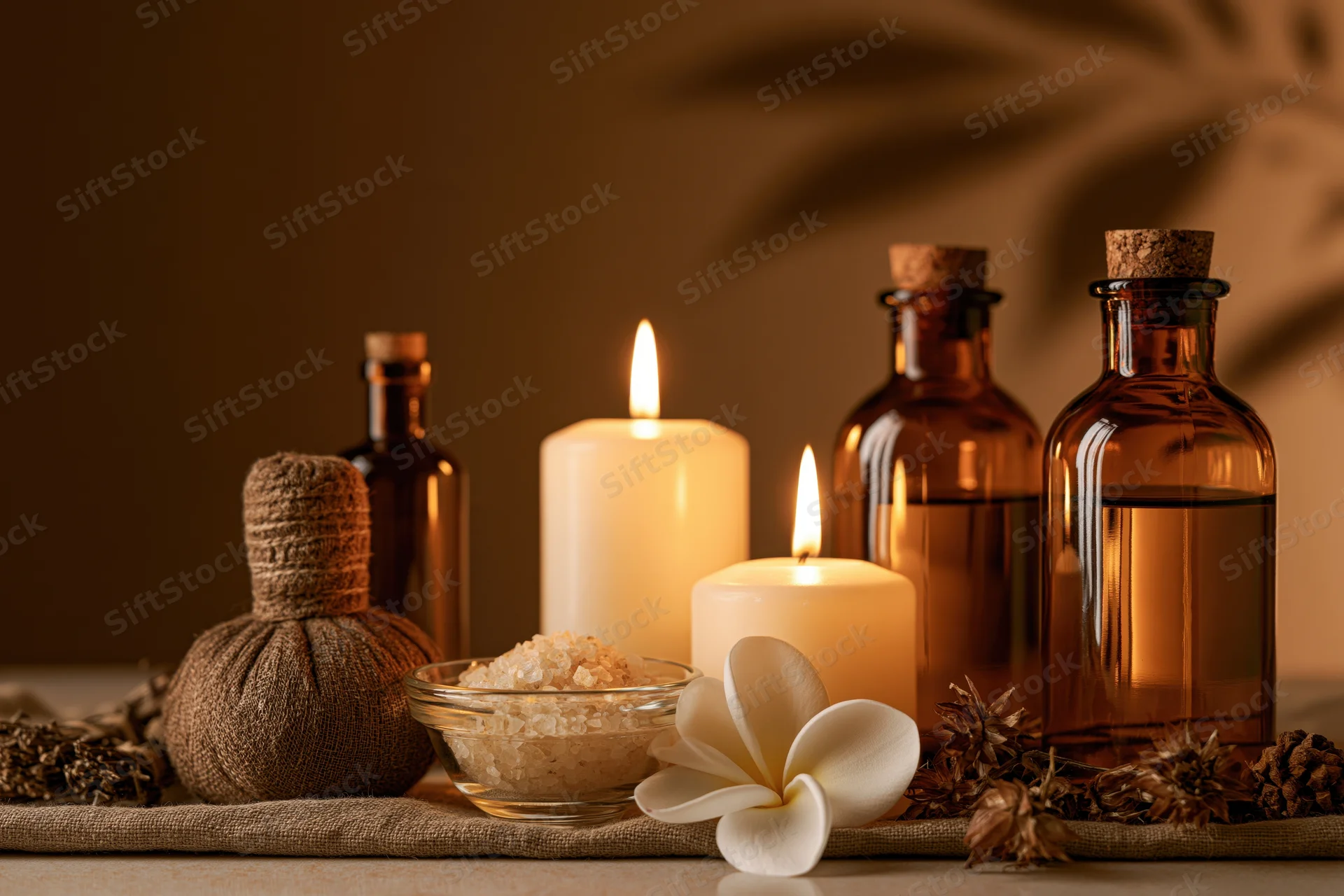 Spa still life with candles, essential oil bottles, bath salts and frangipani flower on a textured cloth surface