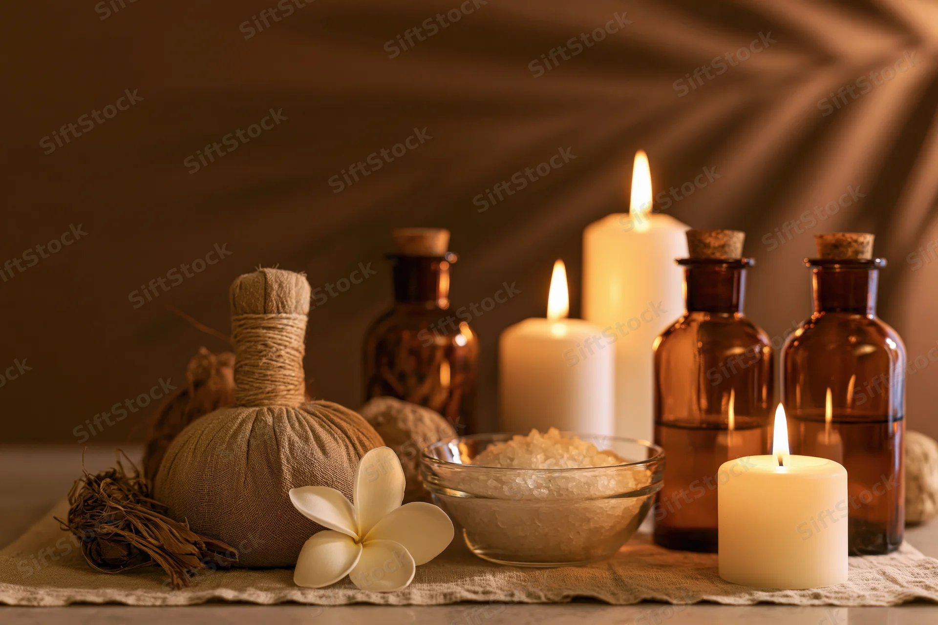Spa still life with candles, herbs, bath salts and essential oil bottles on a linen cloth