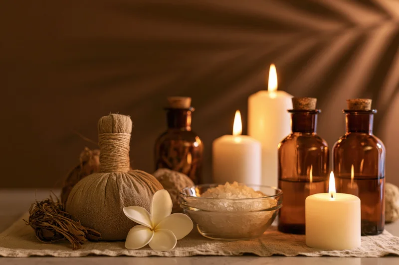 Spa still life with candles, herbs, bath salts and essential oil bottles on a linen cloth