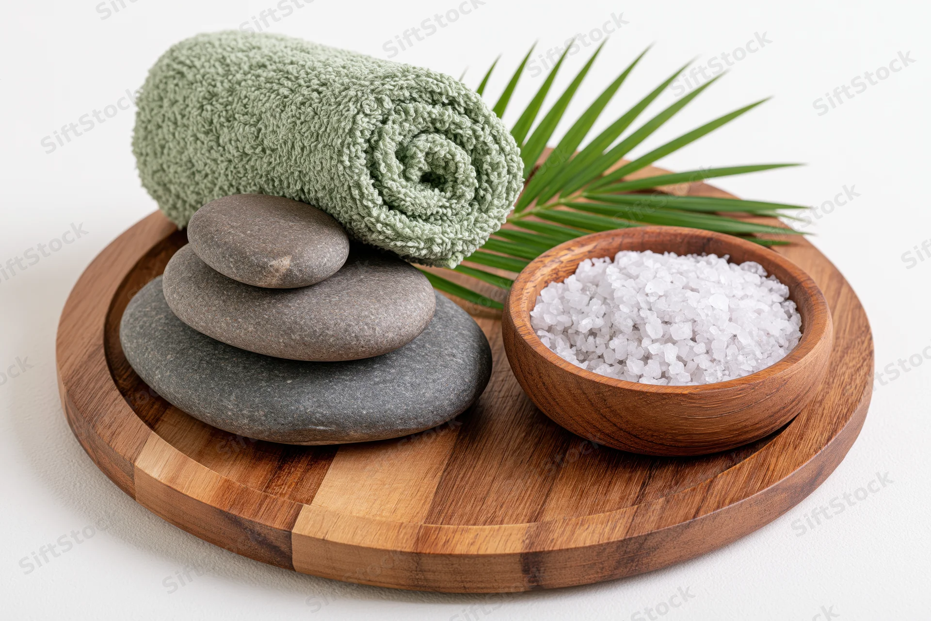 Spa wellness still life with stacked stones, salt, towel and palm leaf on round wooden tray