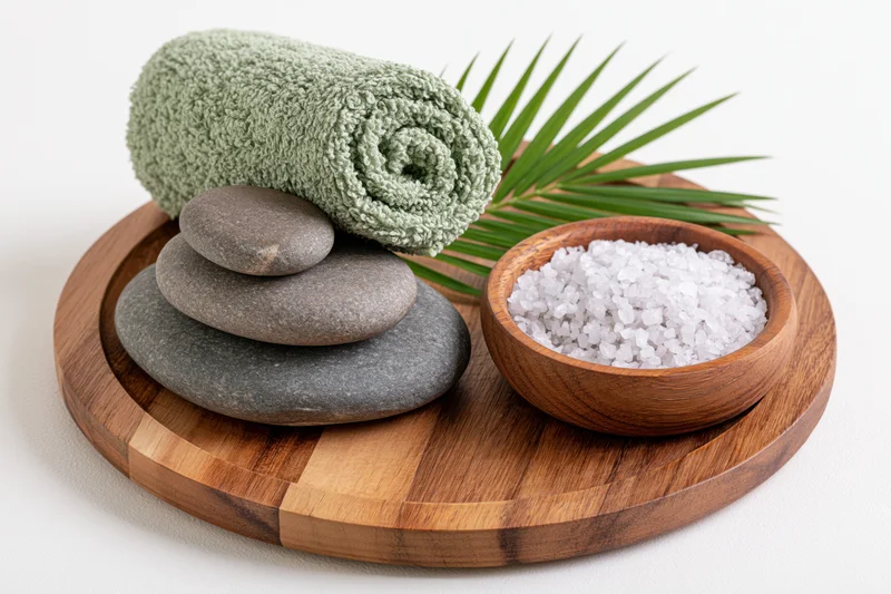 Spa wellness still life with stacked stones, salt, towel and palm leaf on round wooden tray