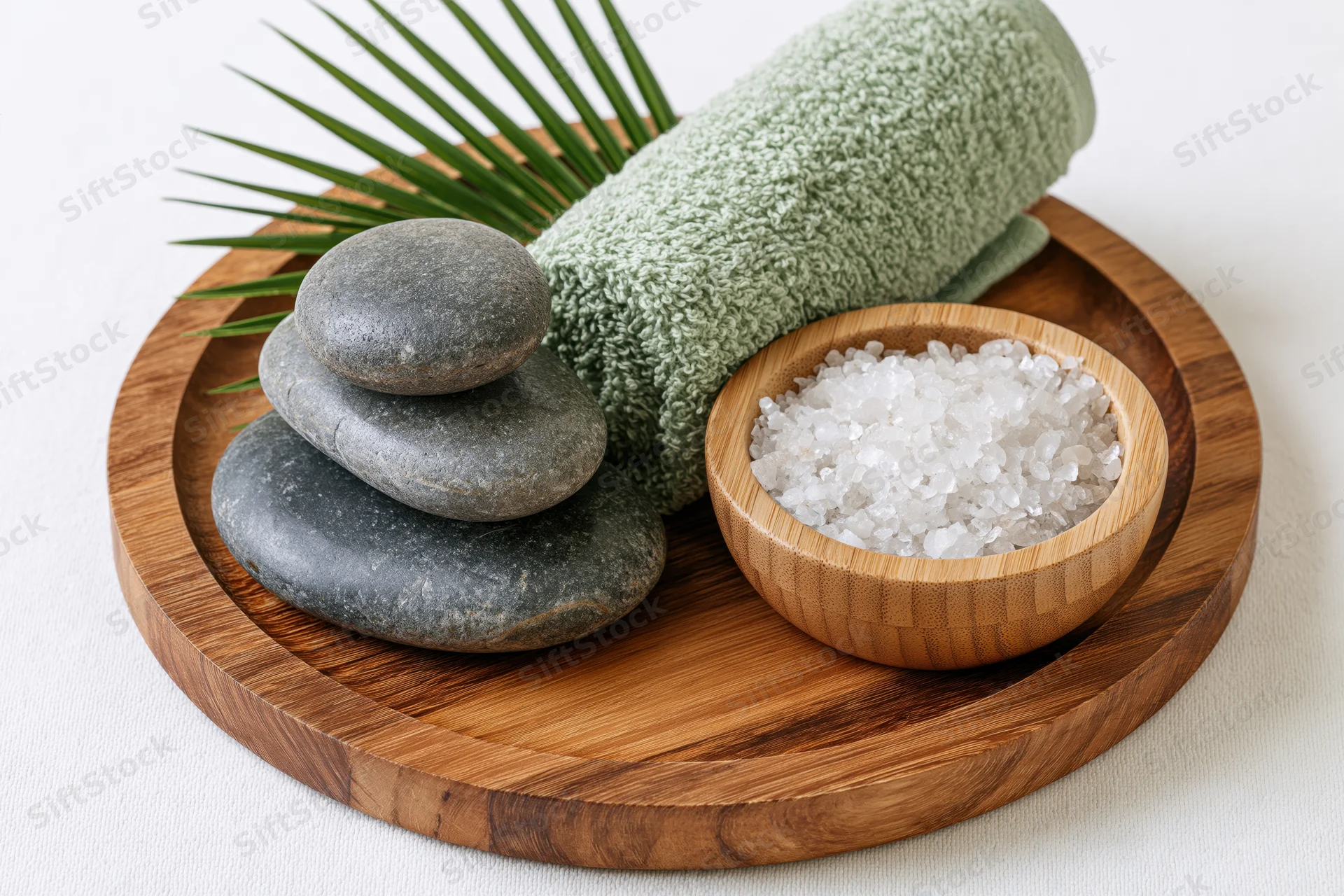 Spa wellness still life with stacked stones, salt, towel and palm leaf on round wooden tray