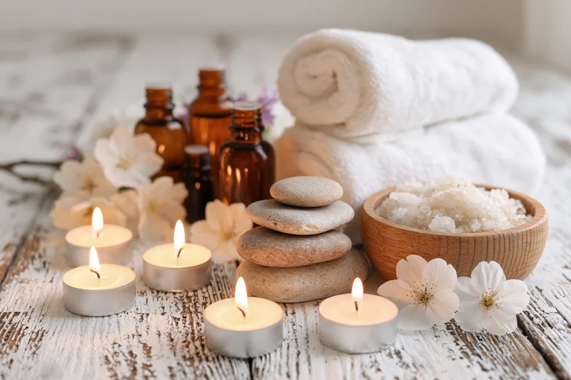 Spa still life with lit candles, essential oil bottles, stacked stones, salt, flowers and towels on weathered white wood