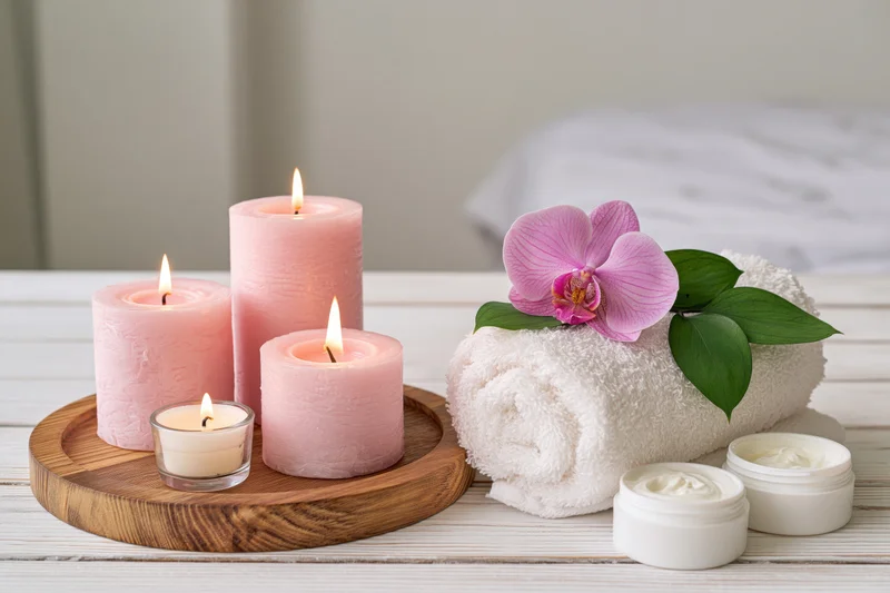 Spa still life with lit pink candles, rolled towel, orchid, and skincare jars on white wooden surface