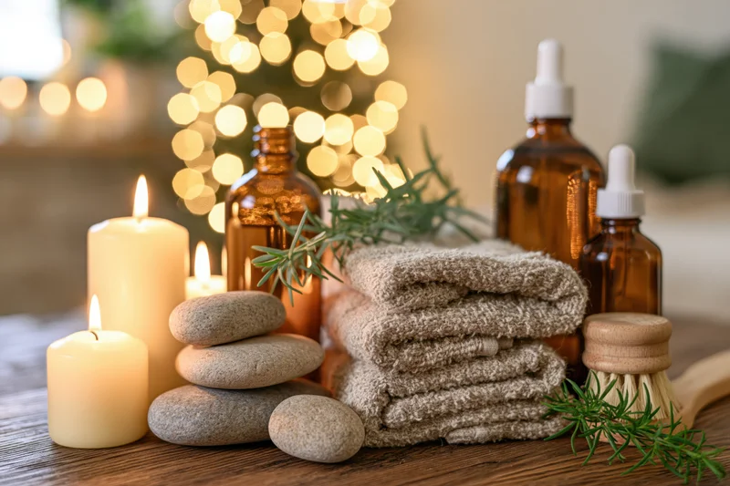 Spa wellness still life with candles, towels, stones and essential oil bottles on wooden table, festive lights in background