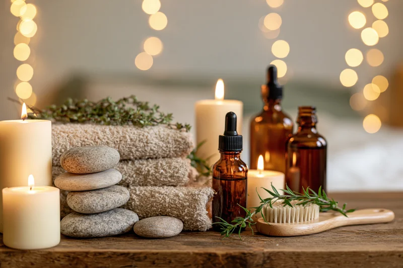 Spa wellness still life with candles, essential oil bottles, folded towels, stones and herbs on wooden table