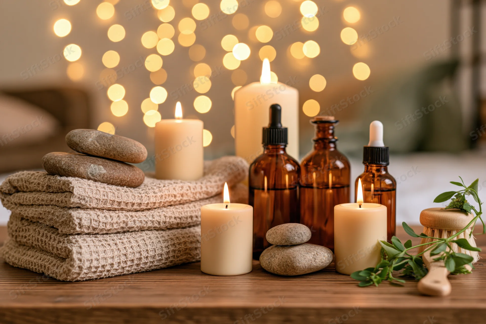 Spa wellness still life with candles, essential oil bottles, folded towels and stones on wooden table, warm bokeh lights in background