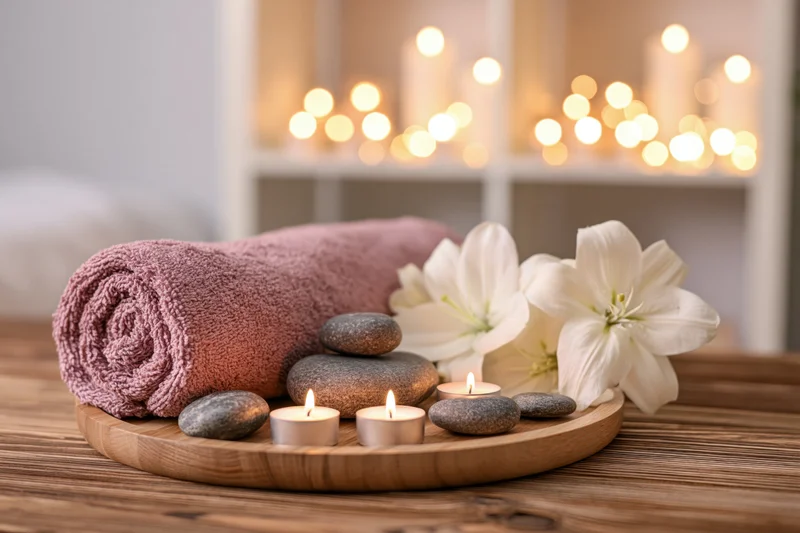 Rolled towel, lit candles, smooth stones and white lilies arranged on a wooden tray on a wooden table with warm bokeh lights in the background
