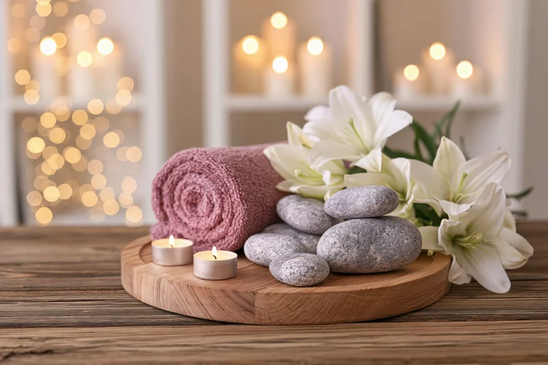 Rolled towel, smooth stones, white lilies and lit candles arranged on wooden tray on rustic table with blurred warm lights in background