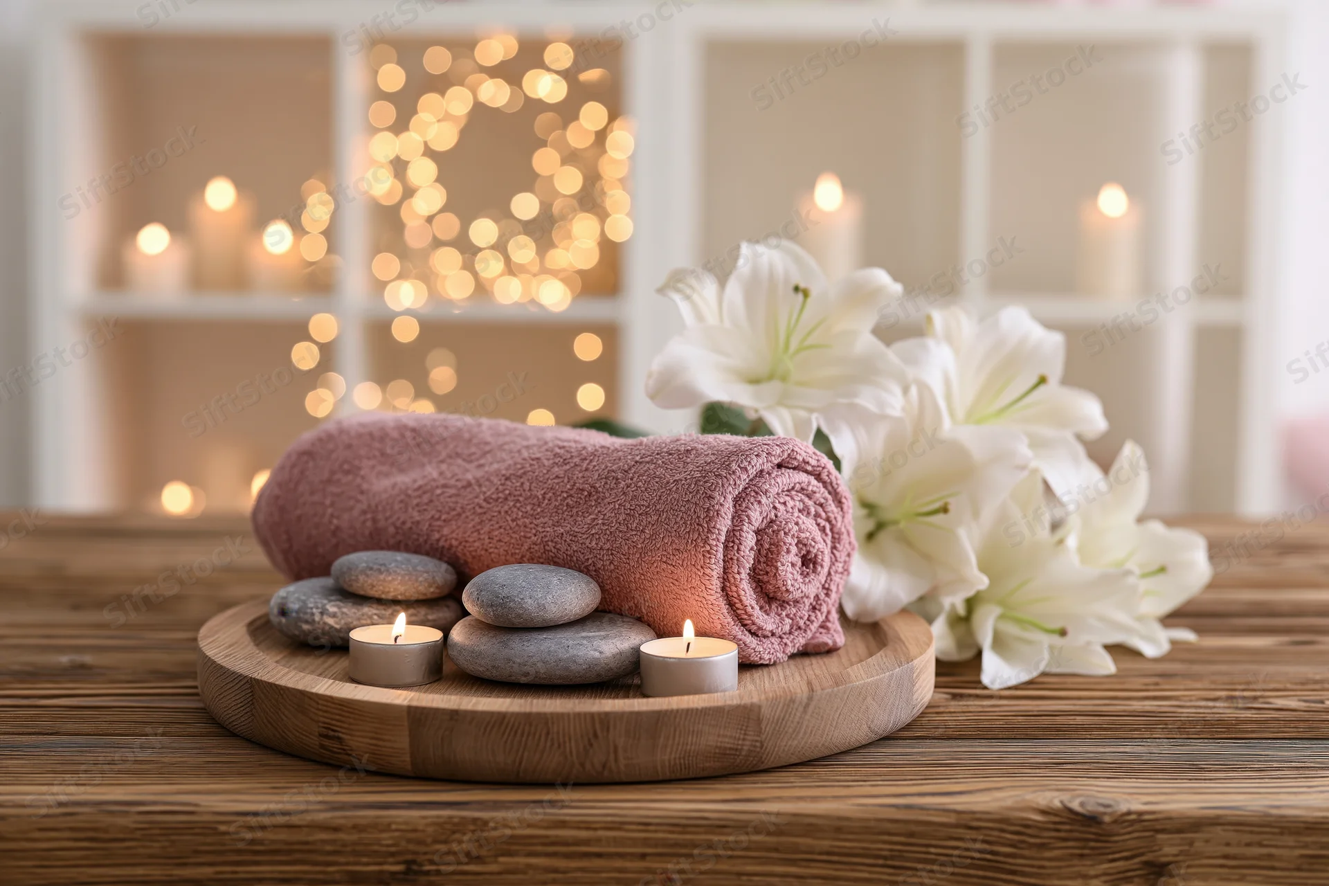 Rolled towel and smooth stones with lit candles and white lilies on wooden tray on table