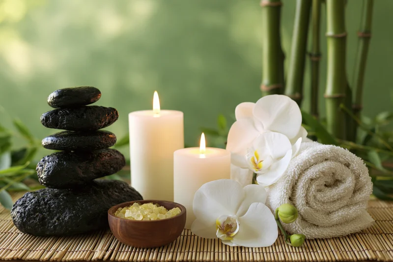Spa still life with stacked stones, candles, orchid, towel and bamboo on a mat