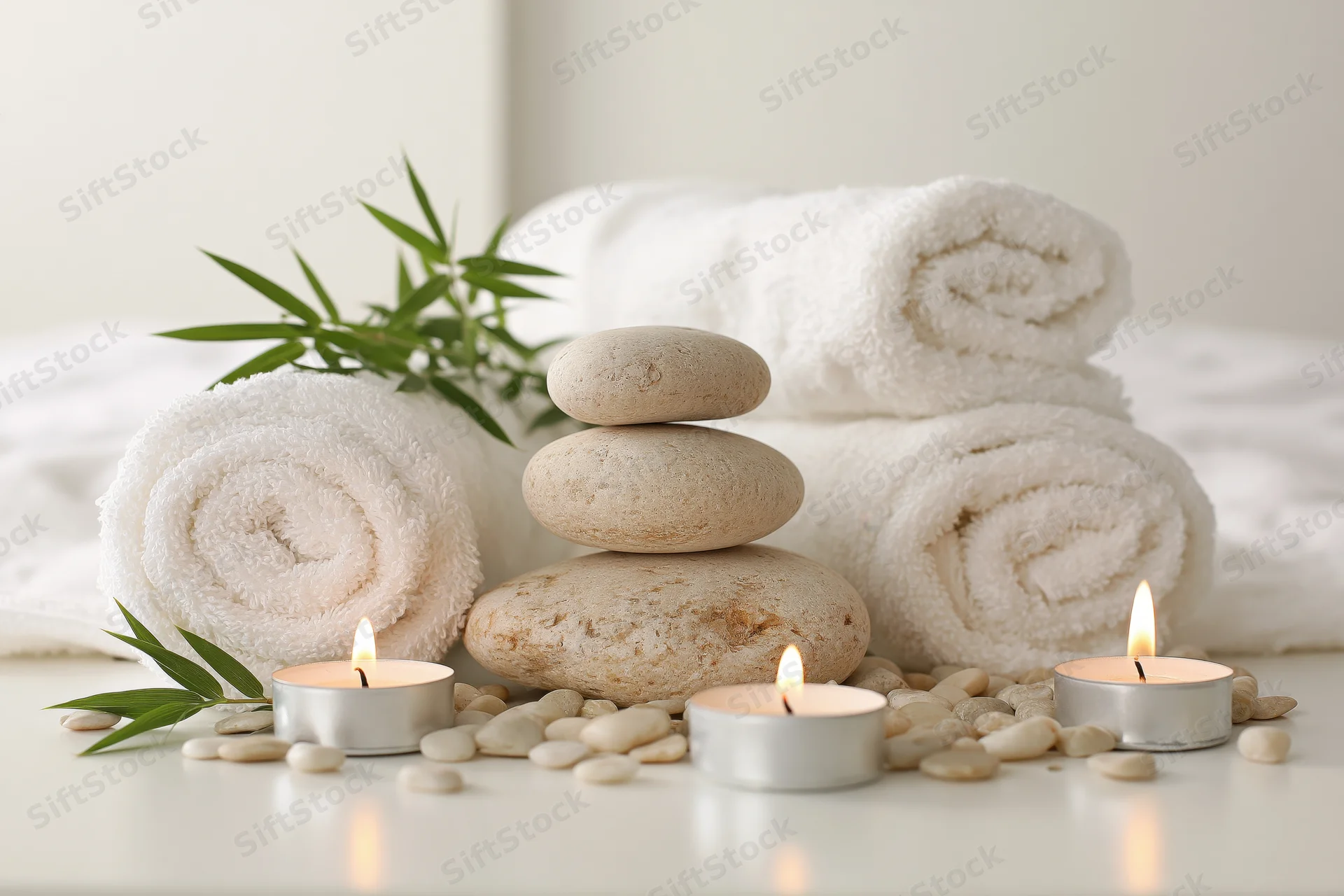Stacked stones and lit candles with rolled towels and bamboo leaves on a white surface