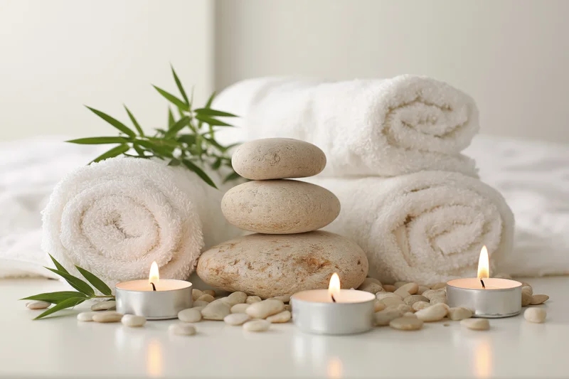 Stacked stones and lit candles with rolled towels and bamboo leaves on a white surface