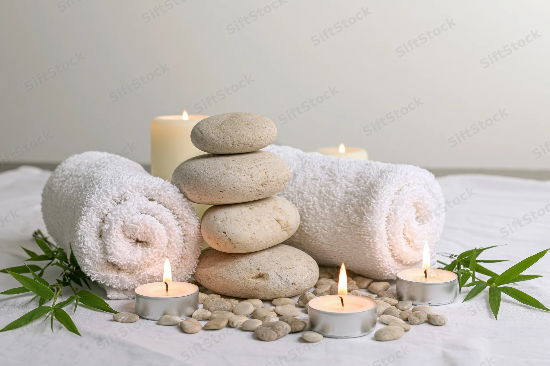 Stacked stones and lit candles between rolled white towels on a white surface with bamboo leaves