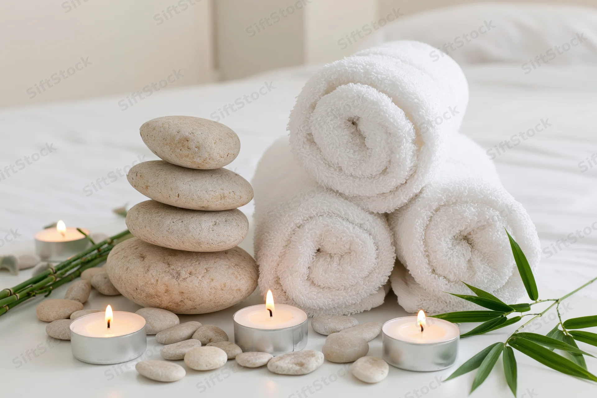 Spa wellness still life with candles, stacked stones, bamboo, and rolled towels on a white bed surface