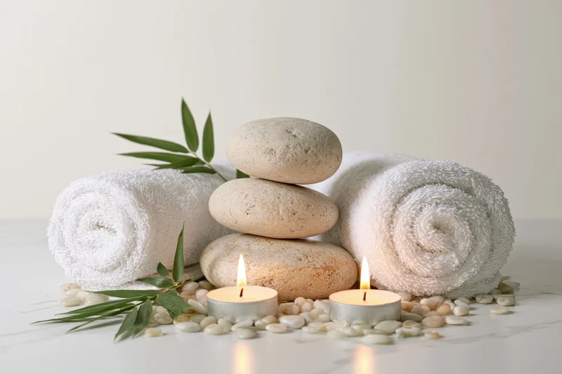Spa still life with candles, stones, towels and bamboo on a white marble surface