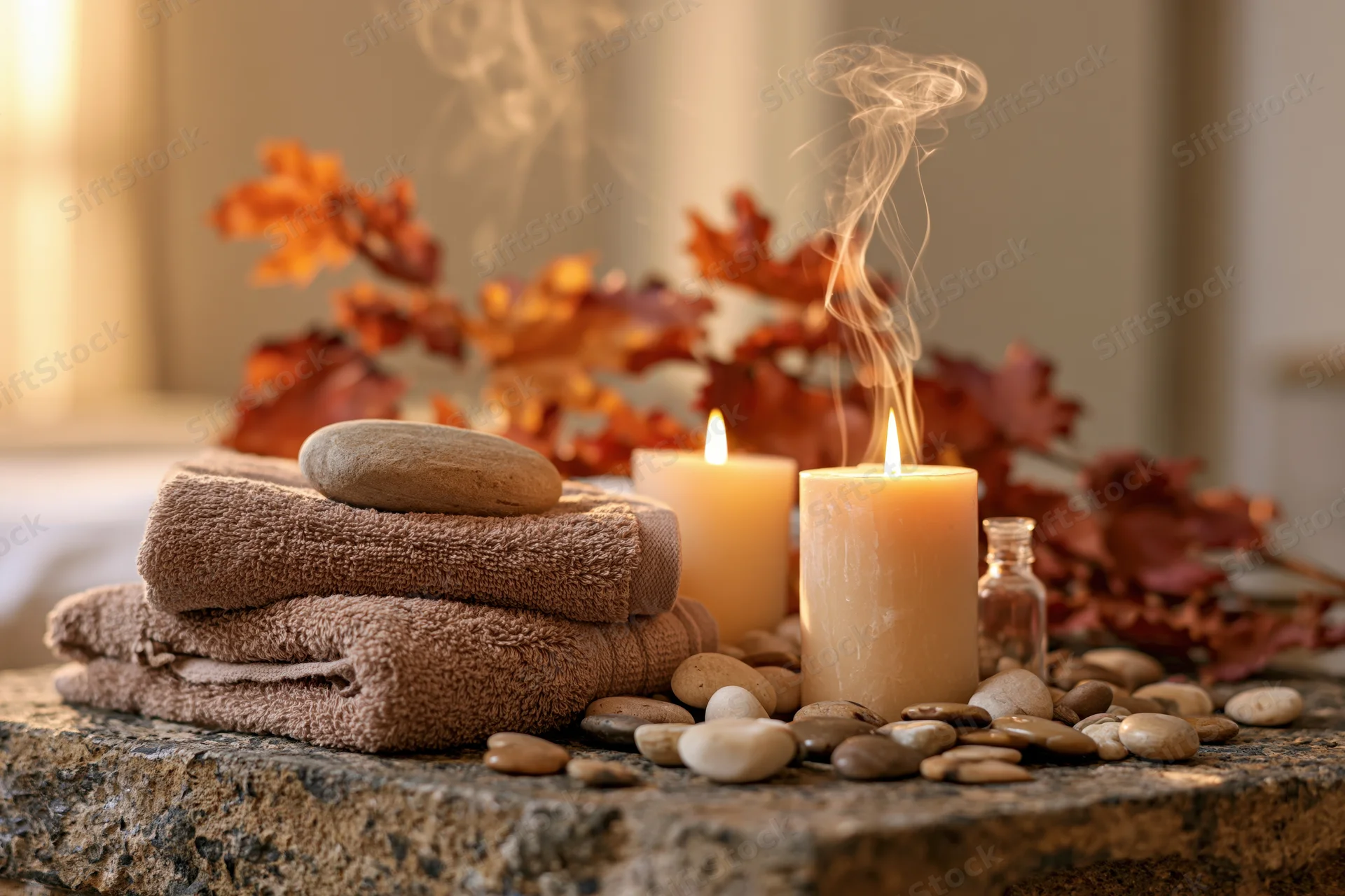 Folded towels and lit candles with autumn leaves on a stone surface