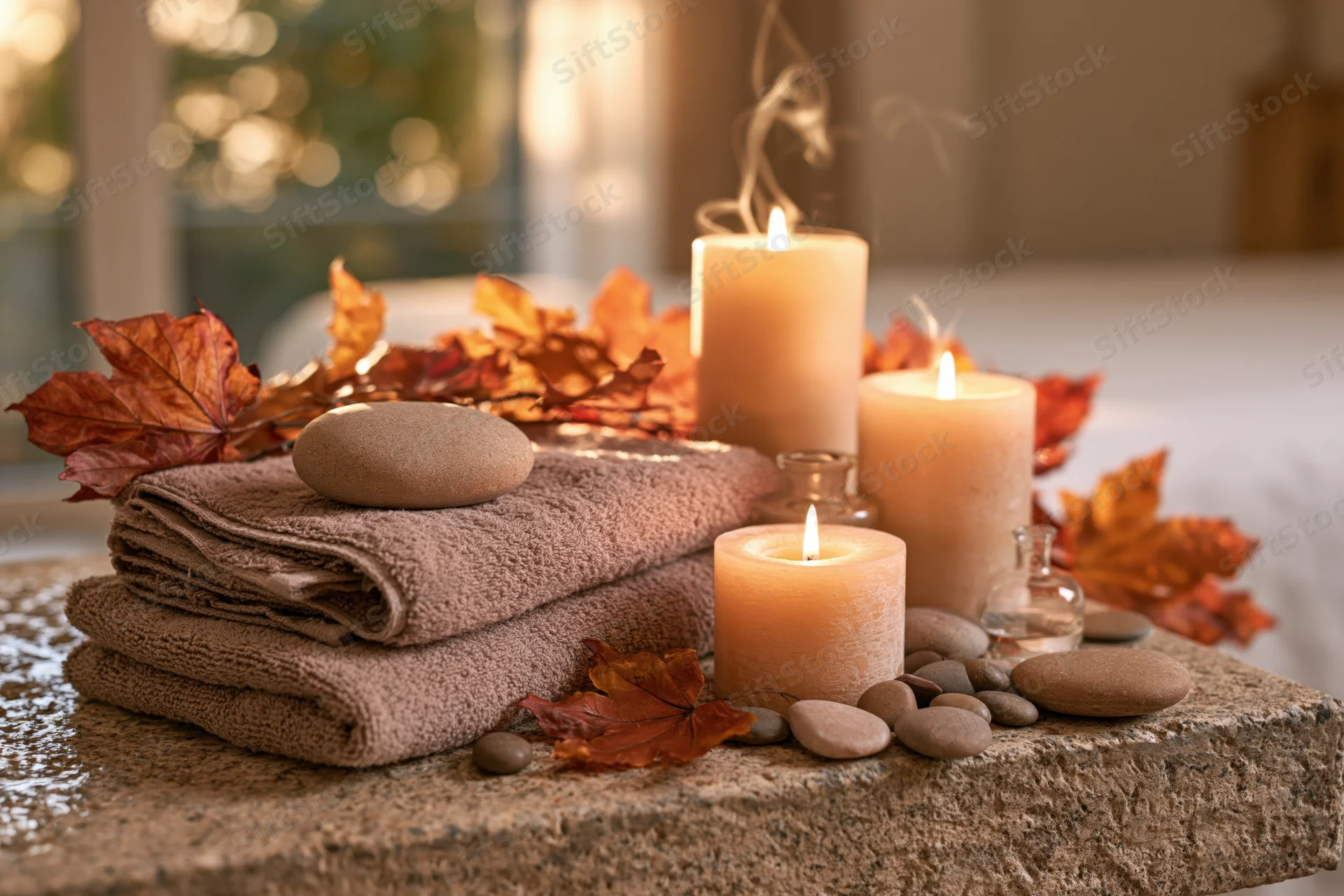 Folded towels and lit candles with autumn leaves and stones on a stone surface