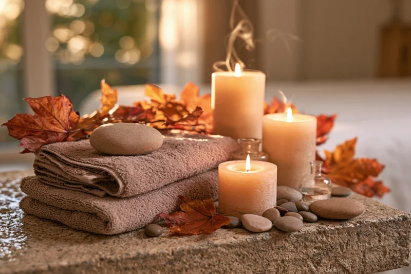 Folded towels and lit candles with autumn leaves and stones on a stone surface