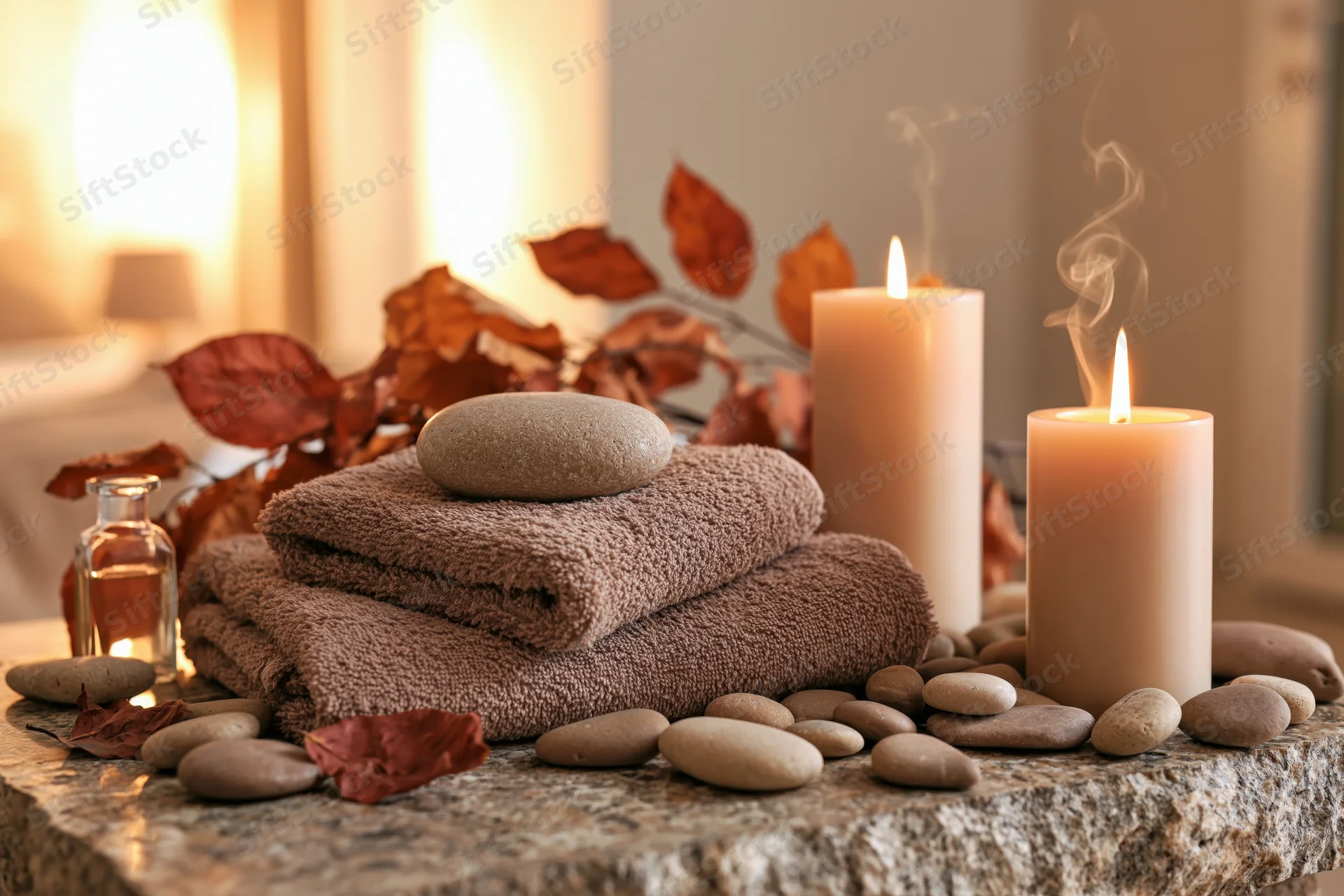 Folded towels and stones on a stone surface with lit candles and autumn leaves for spa wellness still life