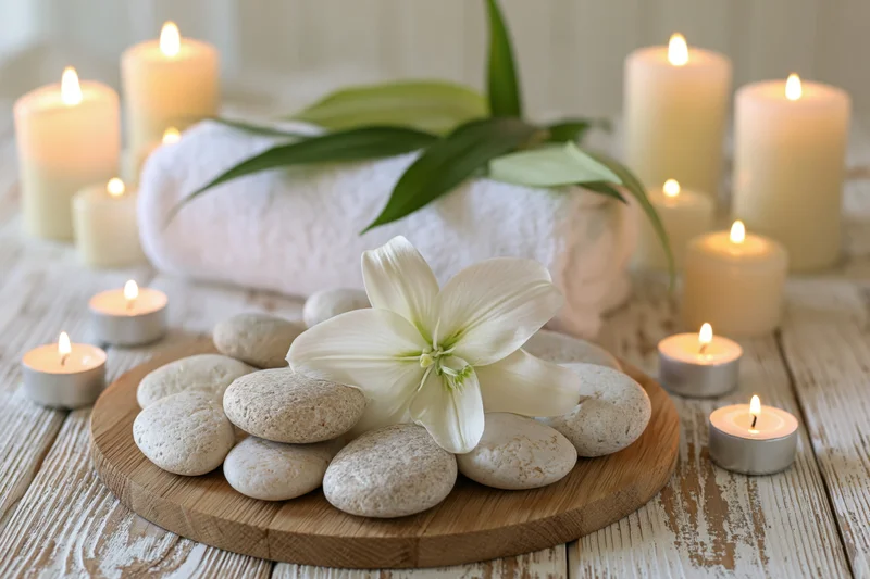 White lily and smooth stones on a wooden tray surrounded by lit candles and a rolled towel on whitewashed wood