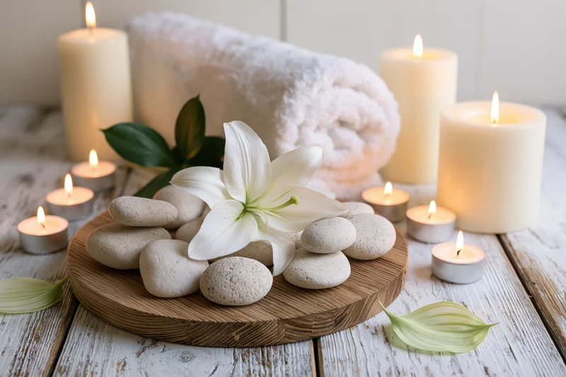 White lily and smooth stones on wooden tray surrounded by lit candles and rolled towel on whitewashed table