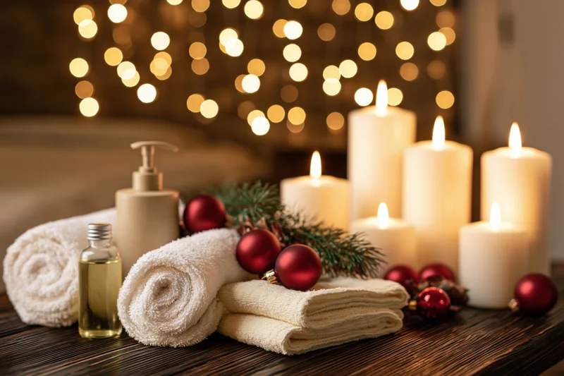 Rolled white towels and lit candles with christmas ornaments on a dark wooden table, festive lights in background