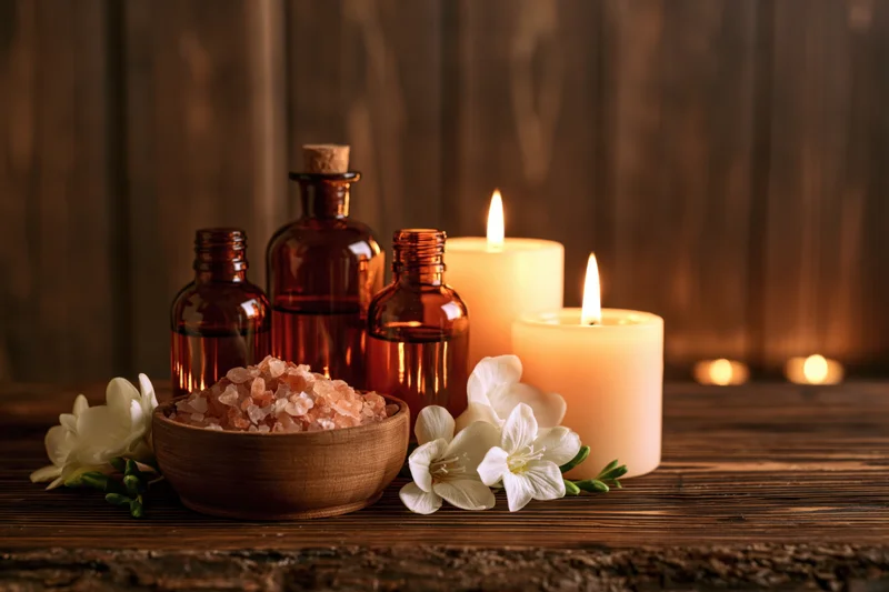 Amber glass bottles and lit candles with pink salt and white flowers on a dark wooden table