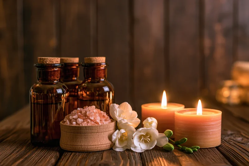 Amber glass bottles with essential oils, lit candles, pink salt and white orchids on dark wooden table