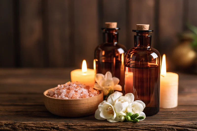 Amber glass bottles and candles with salt and flowers on dark wooden table