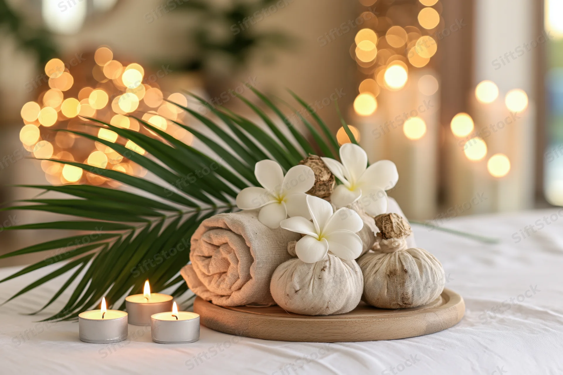 Spa still life with rolled linen towel, frangipani flowers, herbal compresses and lit candles on a white massage table