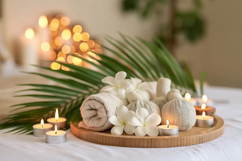 Rolled linen towel and frangipani flowers on wooden tray with candles and palm leaf on white massage table
