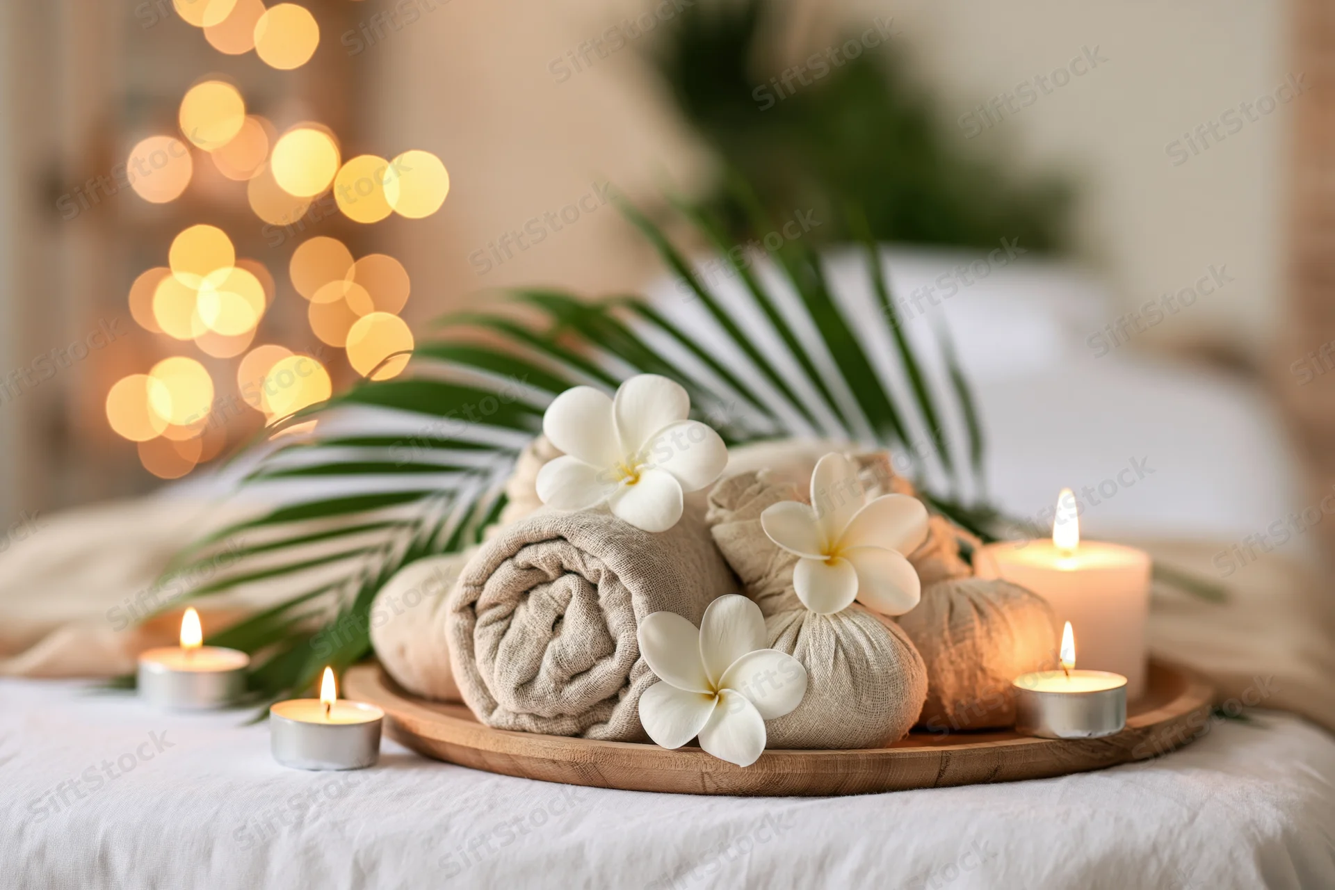 Rolled linen towels and frangipani flowers on a wooden tray with lit candles on a white massage table