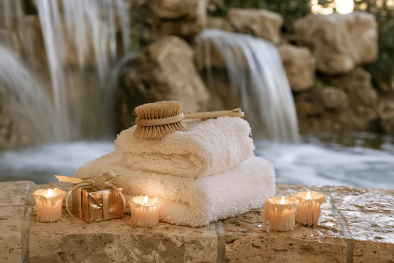 Stacked white fluffy towels with lit candles and a bathbrush on stone ledge by waterfall