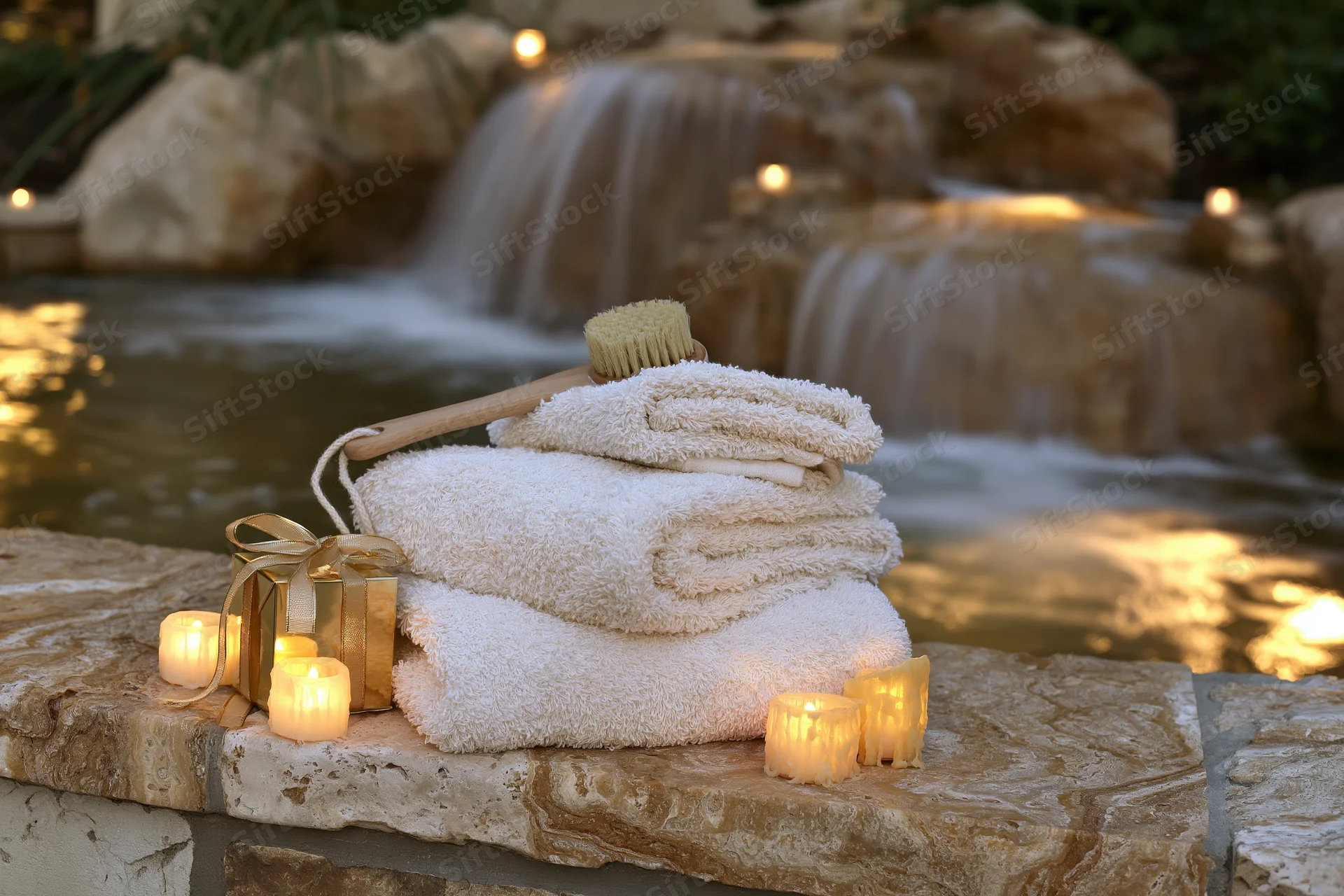Stacked white fluffy towels with candles and a brush on stone ledge beside a waterfall at dusk