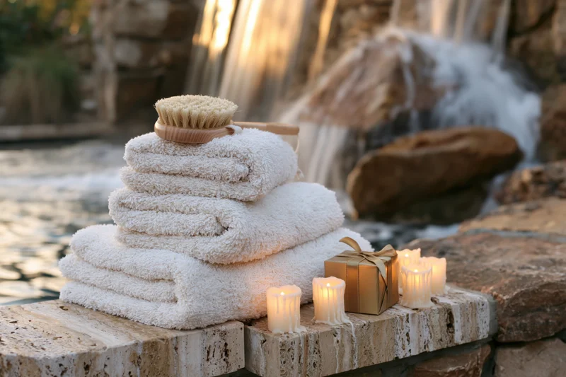 Stacked white fluffy towels with candles and giftbox on stone ledge by waterfall