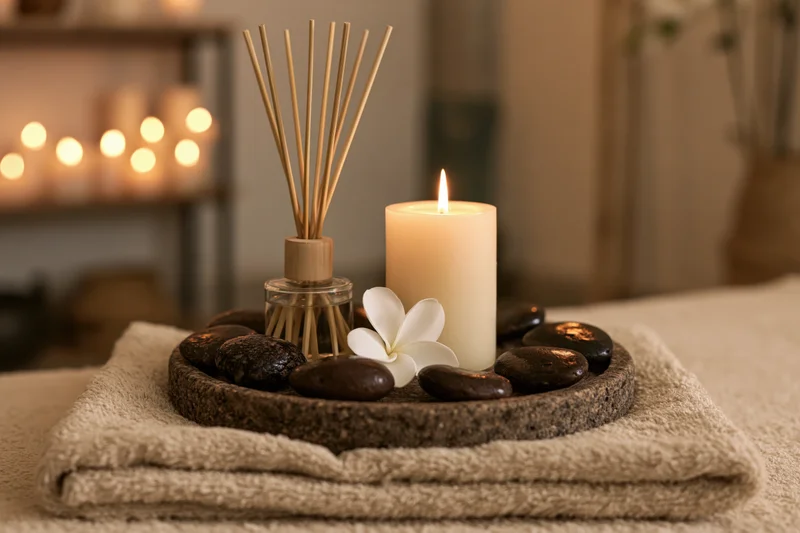 Spa wellness tray with lit candle, reed diffuser and stones on folded towel