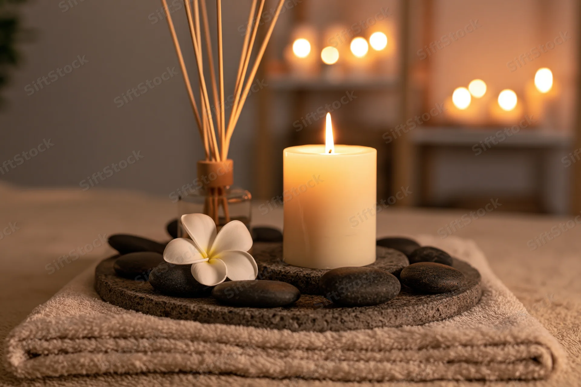 Lit candle and reed diffuser on stone tray with flower and towel in spa setting