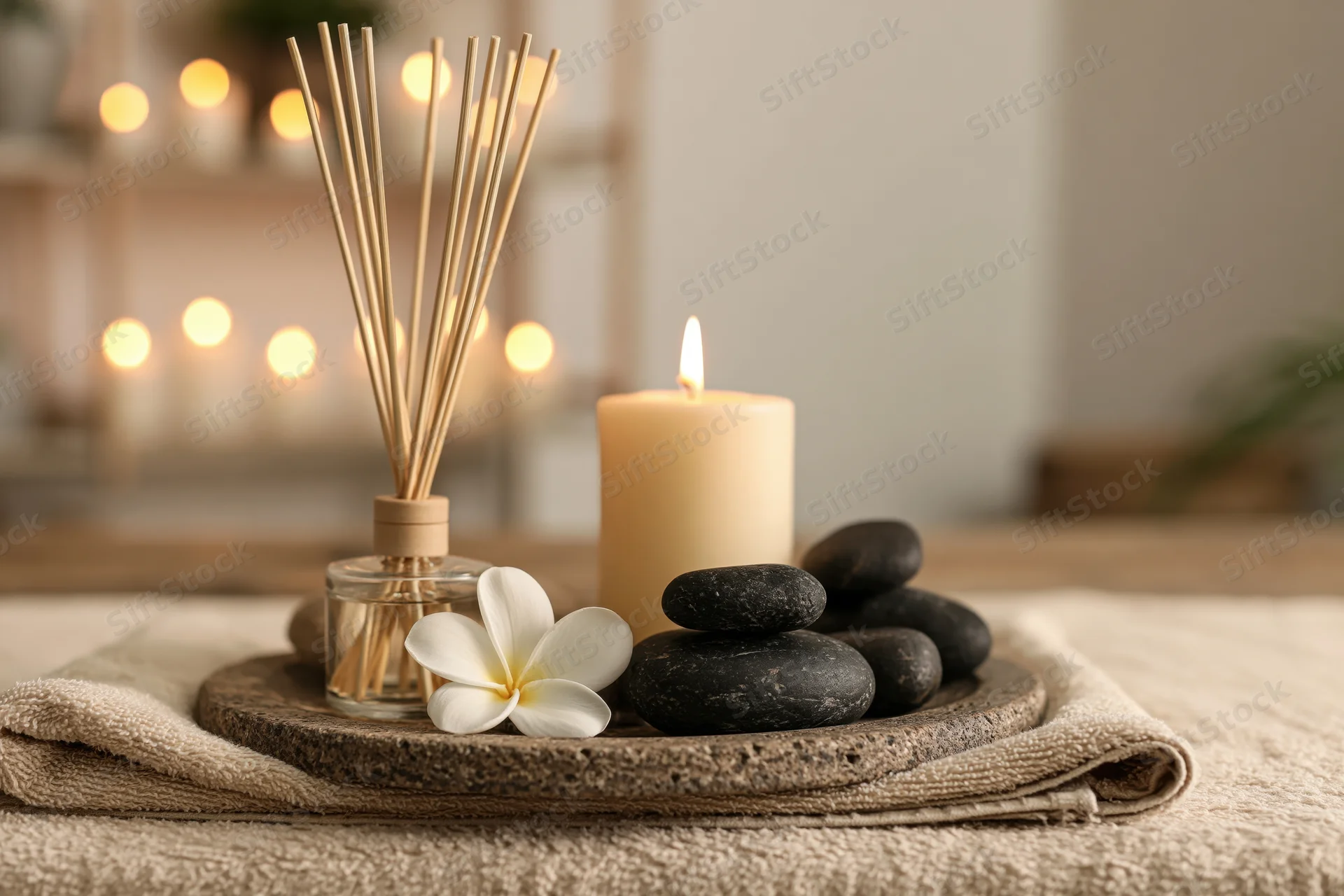 Spa wellness tray with lit candle, reed diffuser, stones and flower on towel