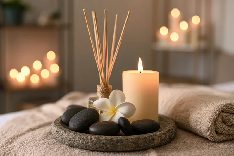 Spa wellness tray with lit candle, reed diffuser, stones and flower on towel-covered surface