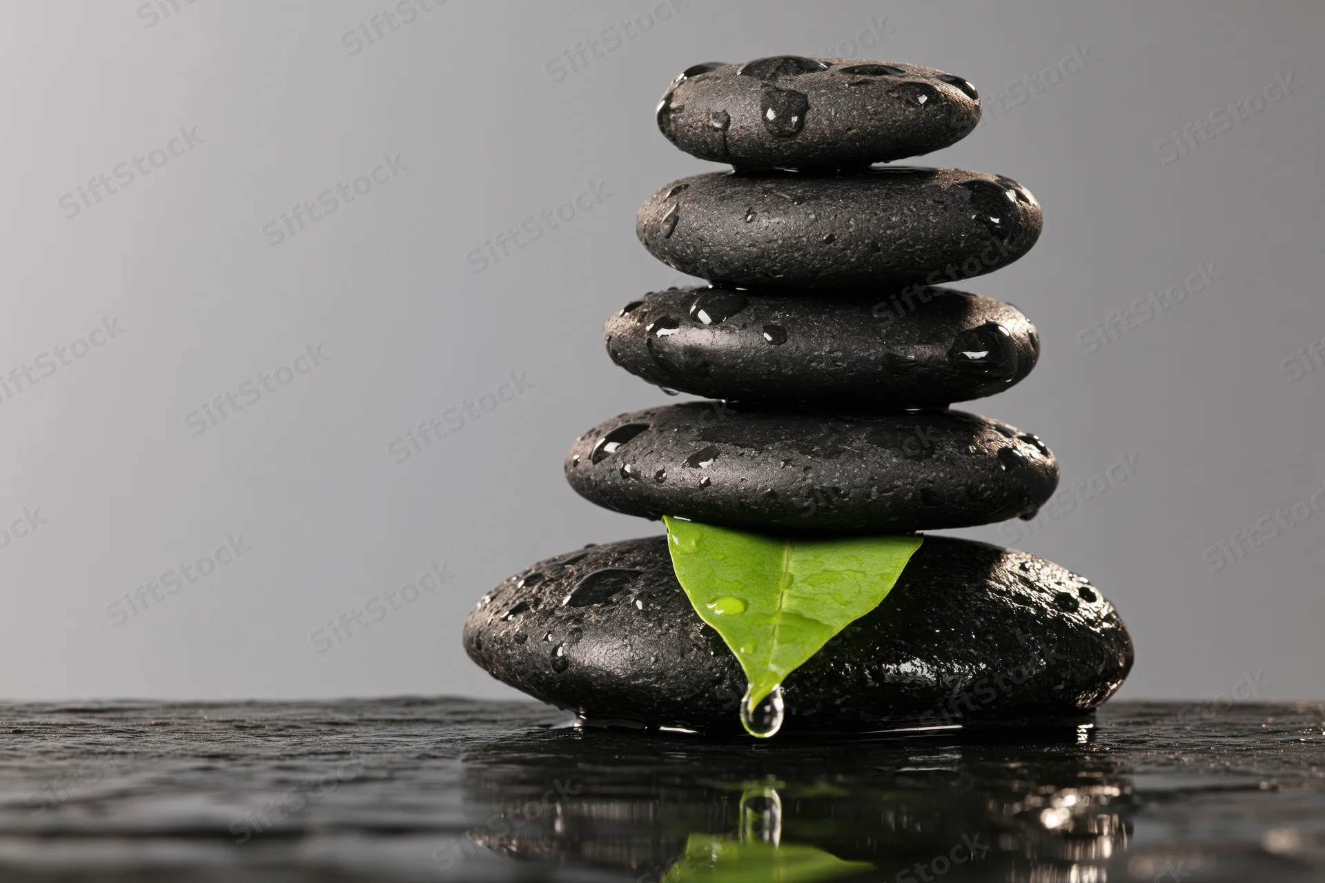 Stack of five wet black zen stones balanced vertically with a green leaf and water droplets on a reflective surface