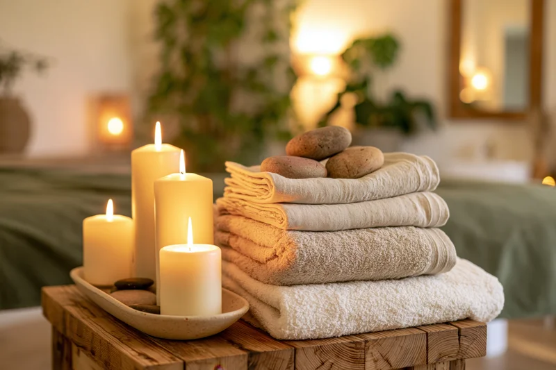 Stack of folded linen towels and smooth stones on wooden table beside lit candles in spa bedroom