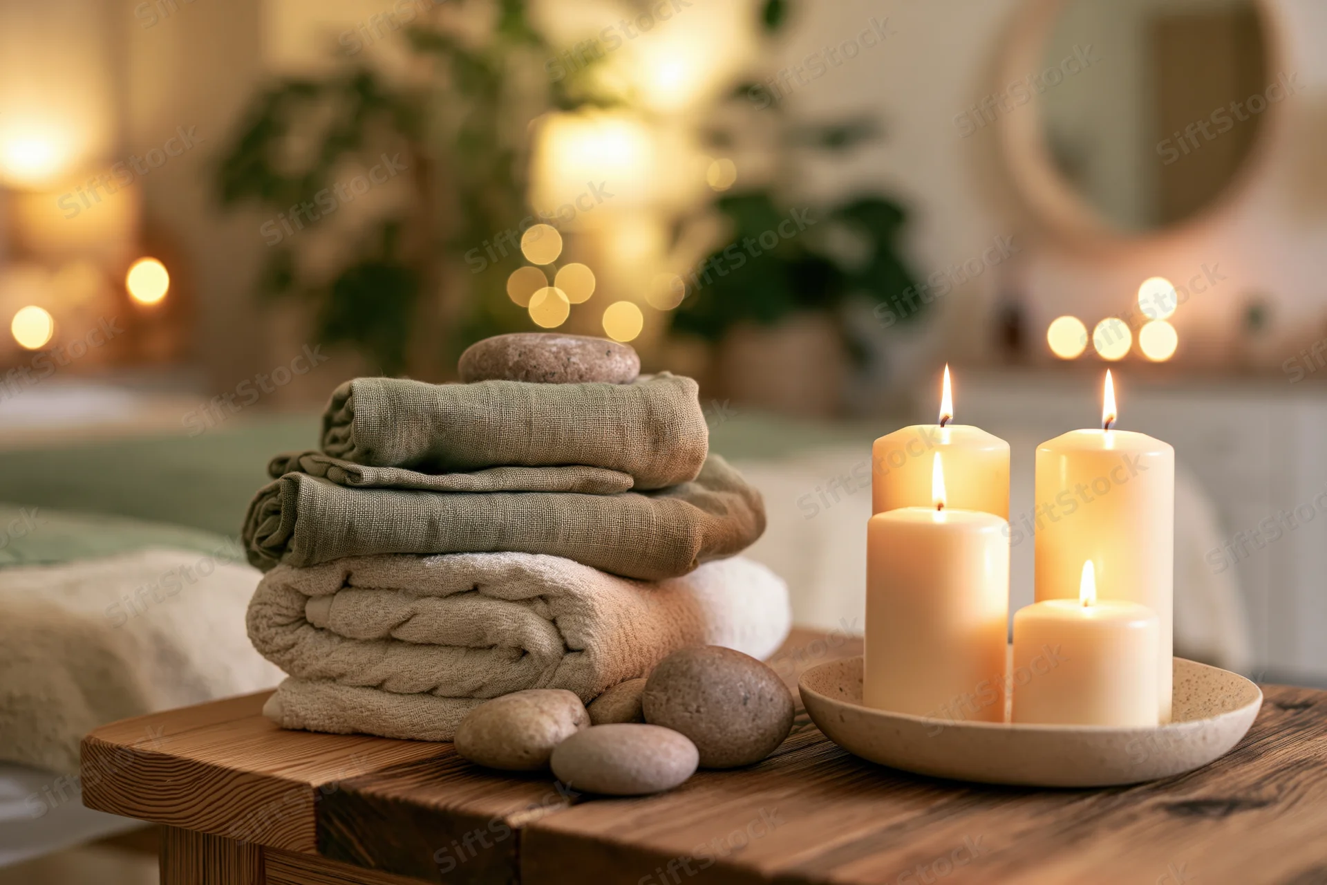 Folded linen towels and smooth stones on a wooden table beside lit candles in a softly lit bedroom