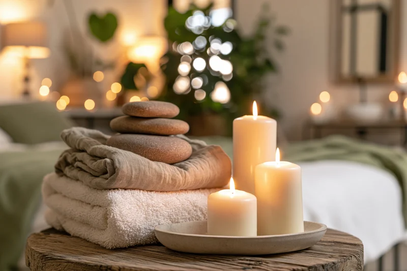Folded linen towels and smooth stones with lit candles on a wooden tray in a cozy bedroom setting