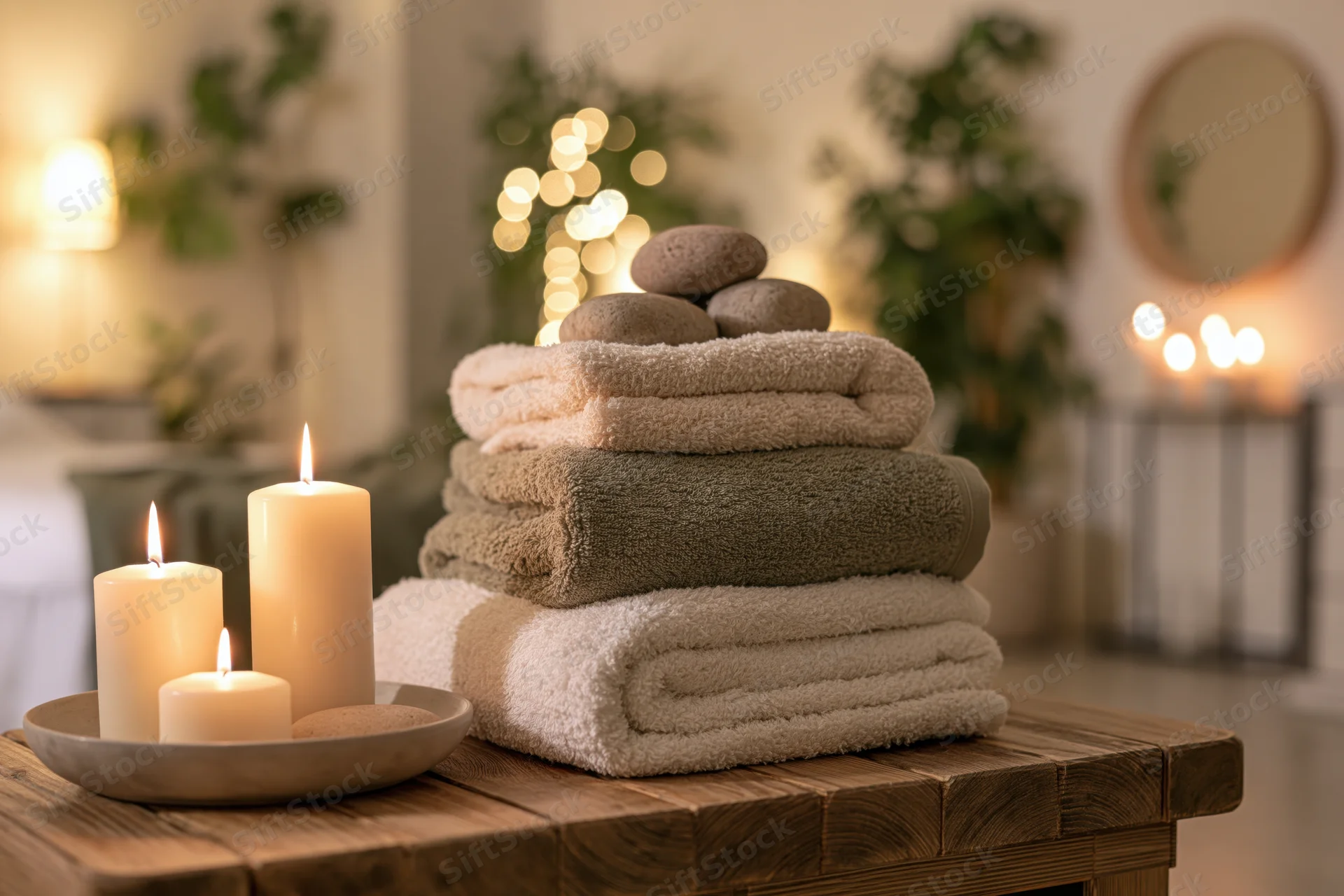 Folded towels and smooth stones on a wooden table with lit candles in a softly lit spa interior