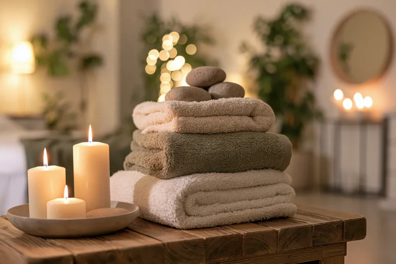 Folded towels and smooth stones on a wooden table with lit candles in a softly lit spa interior