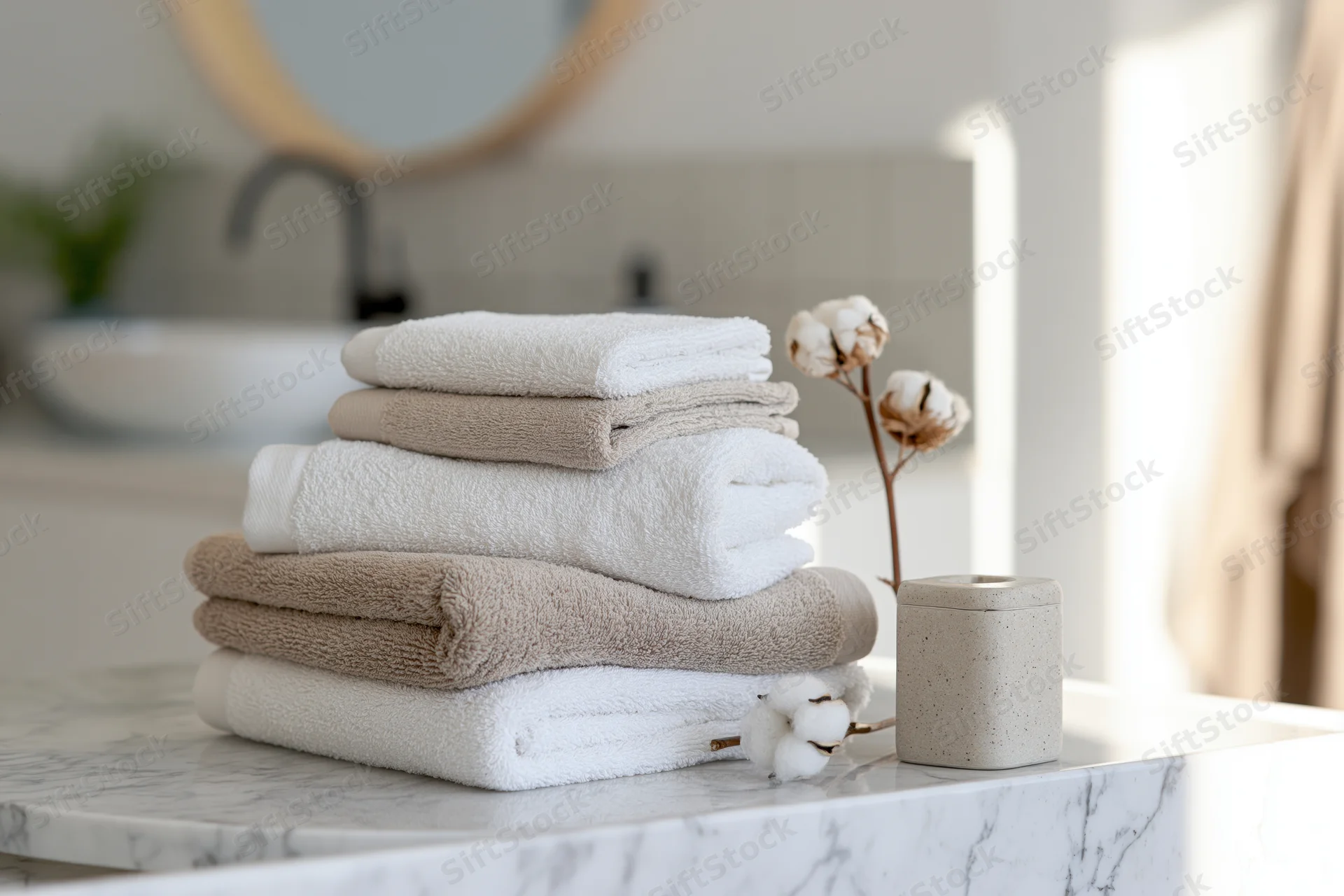 Stack of folded white and beige bath towels on a marble countertop in a bathroom