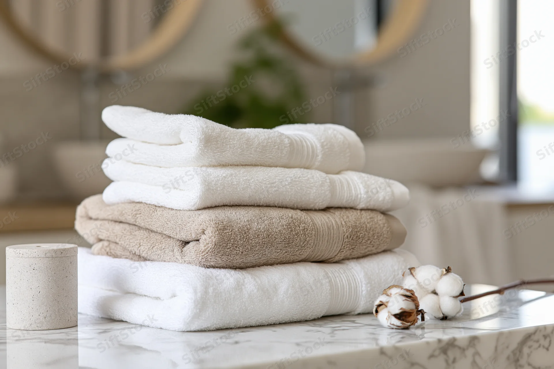 Stack of folded white and beige bath towels on a marble countertop in a bathroom